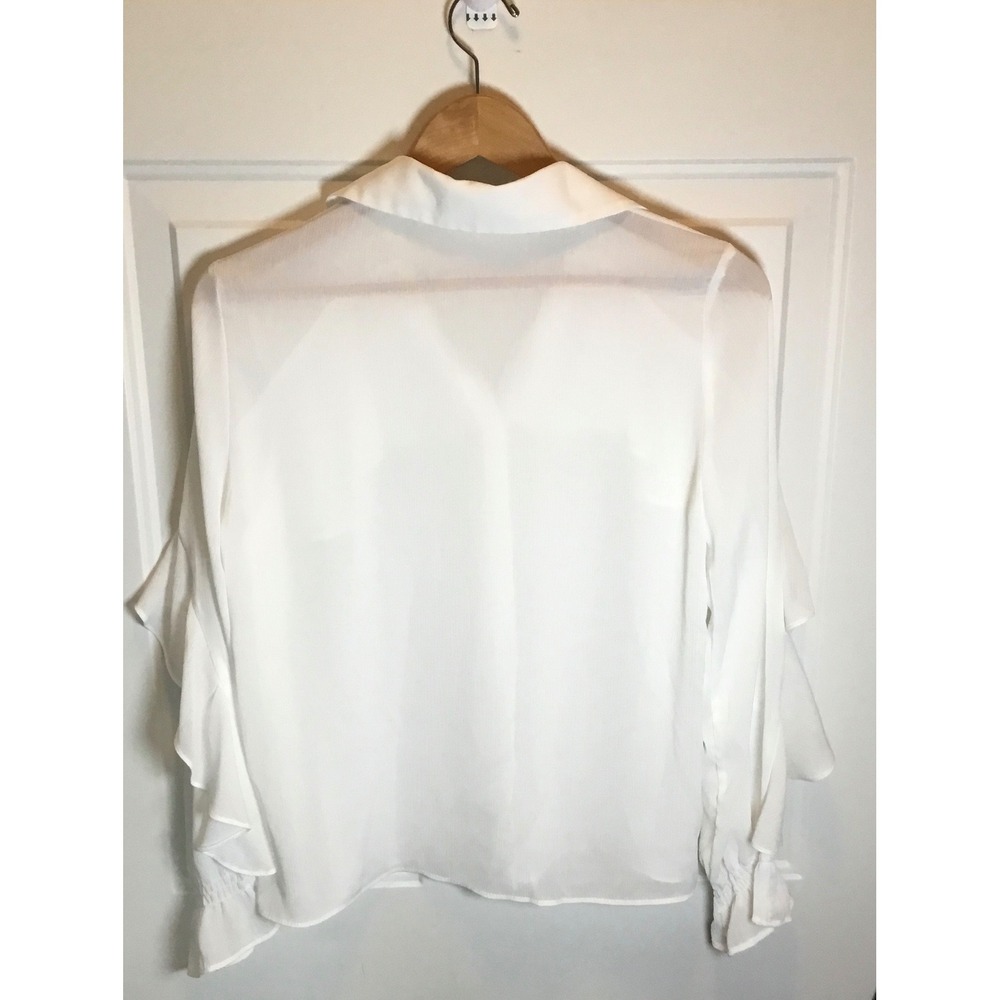 Zara White Ruffle Tiered Button Down Blouse Smocked Cuff Long Sleeve Medium - Picture 2 of 7